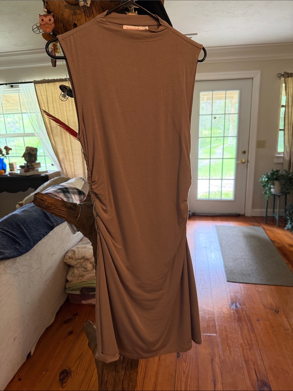 Shoe Dazzle Taupe Sleeveless Midi Dress with Side Ruching